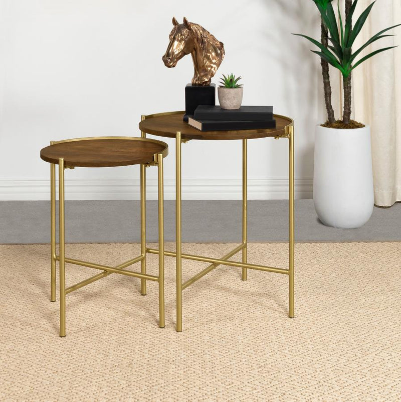 Malka 2-piece Round Wood Nesting Table Dark Brown and Gold Default Title