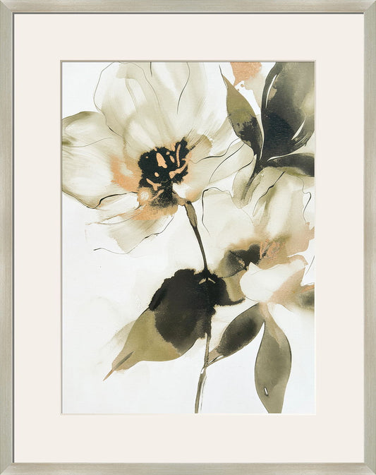 "Whispering Petals I" Framed Canvas Under Acrylic - Beige / Cream / Olive