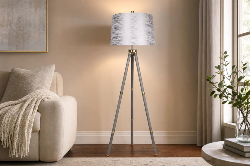 "Luxe Tripod Elegance" Faux Leather Wrap Floor Lamp - Greige / Soft Gold
