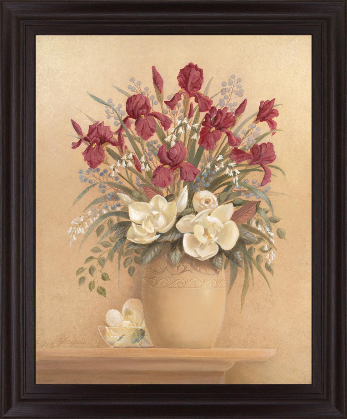 Burgundy Blossom Harmony - 28" x 34" Framed Wall Art - Beige