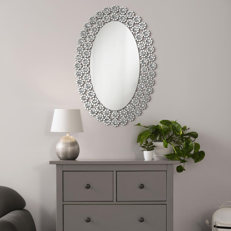 Colleen 31 x 47 Inch Oval Wall Mirror Crystal Flowers Silver Default Title
