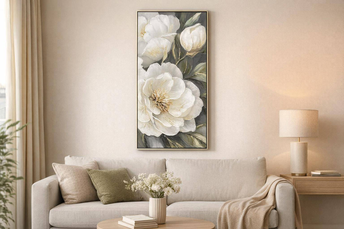 Gold Peony I Hand-Embellished Canvas In Frame - White / Olive