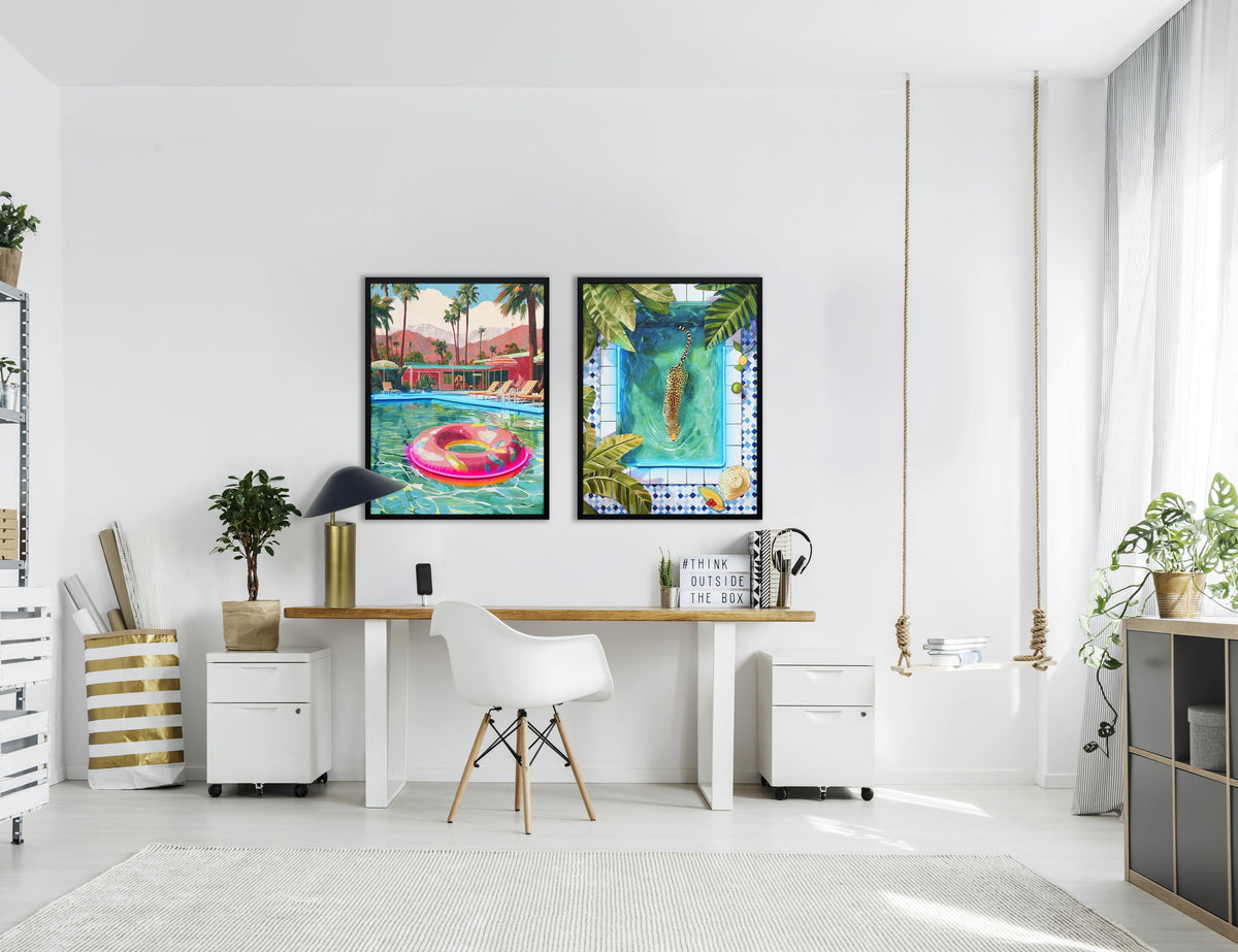 Poolside Escape Hand-Embellished LED Canvas In Frame - Green / Pink