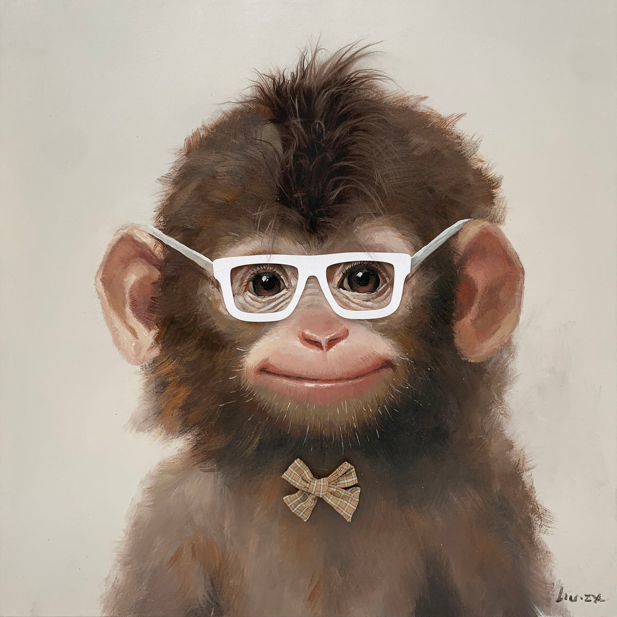 Whimsical Bowtie Primate - 25" x 25" Framed Wall Art - Dark Brown