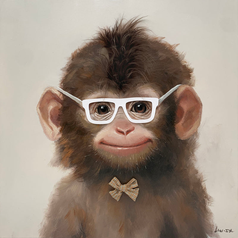 Whimsical Bowtie Primate - 25" x 25" Framed Wall Art - Dark Brown