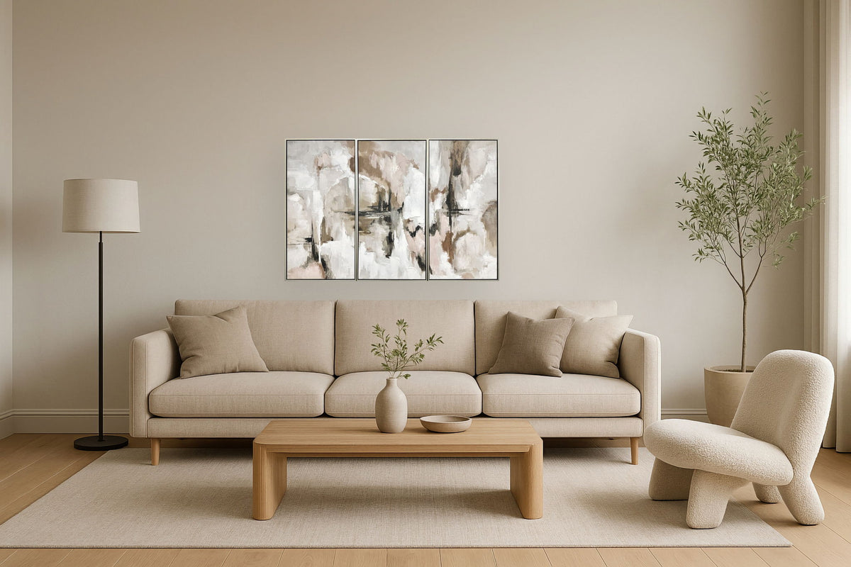 "Ethereal Reflections" Hand-Embellished Canvas Triptych In Frame - Neutral