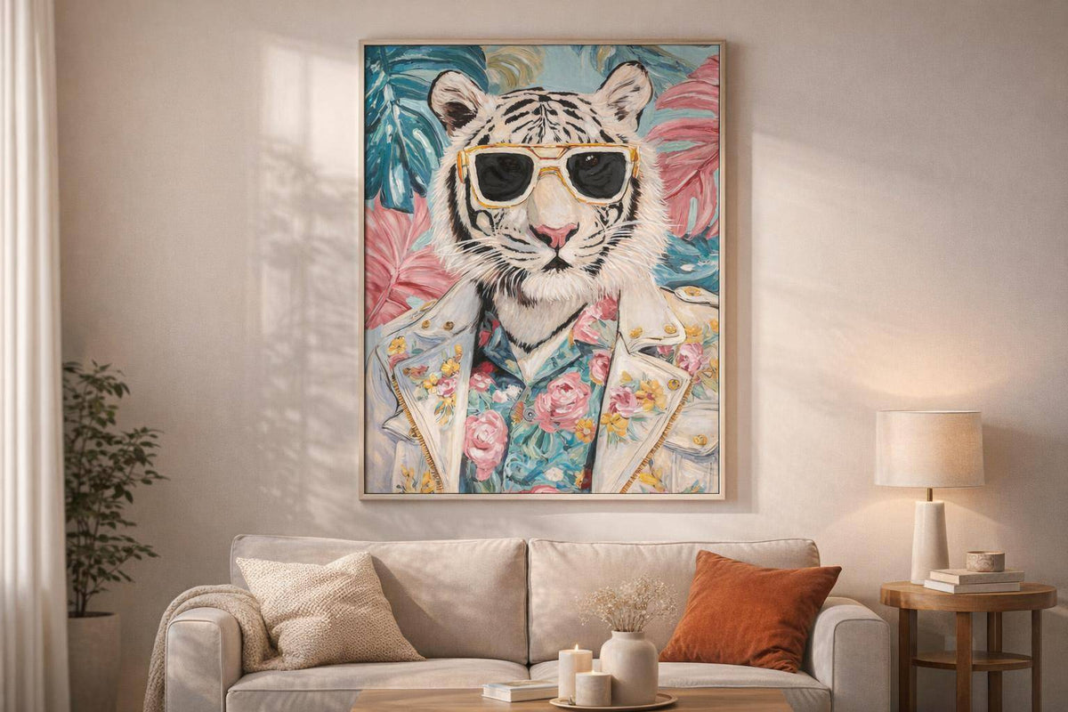 Tropical Rebel Hand-Embellished Canvas In Frame - Aqua / Pink