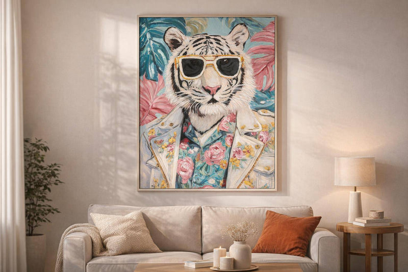 Tropical Rebel Hand-Embellished Canvas In Frame - Aqua / Pink