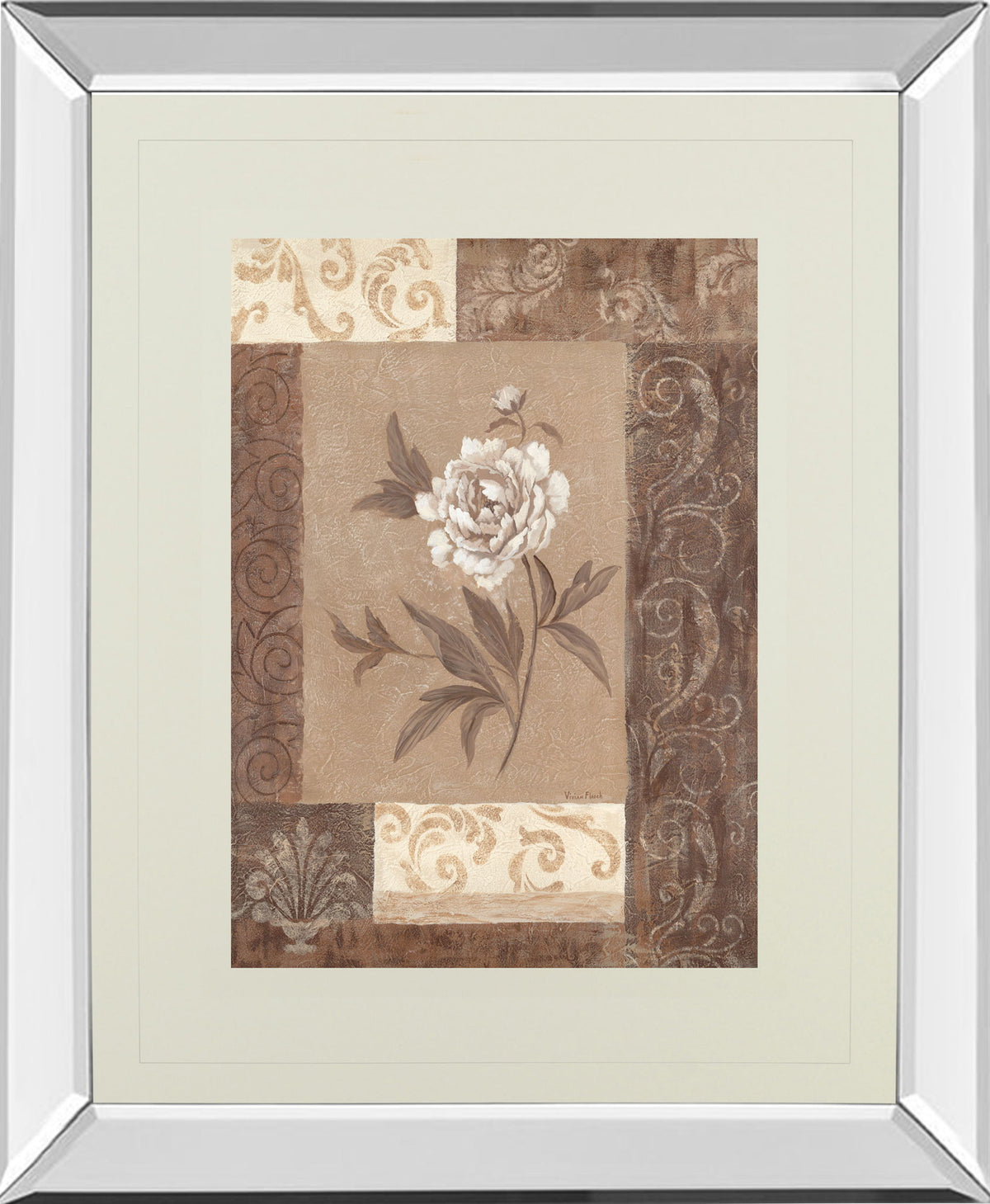 Single Peony By Vivian Flasch - Mirror Framed Print Wall Art - Light Brown