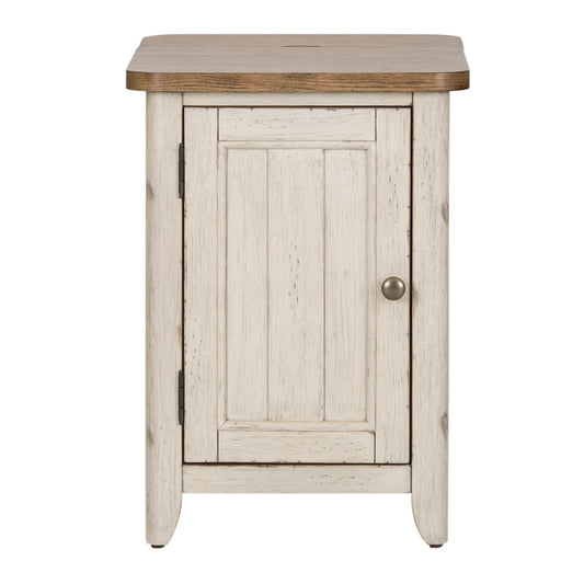 Farmhouse Reimagined - Door Chair Side Table With Charging Station - Antique White / Chestnut Tops