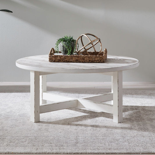 Backroads - Round Cocktail Table - Weathered White & Parchment Brown