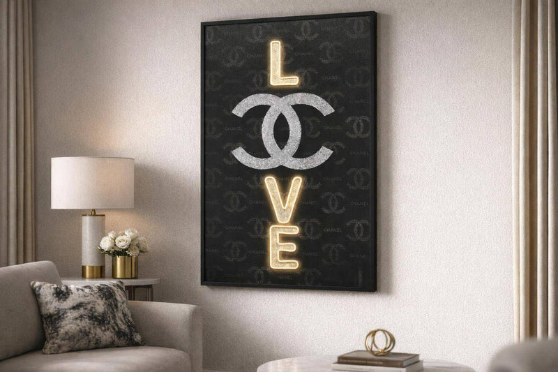 Noir Love Hand-Embellished LED Canvas In Frame - Black / Silver