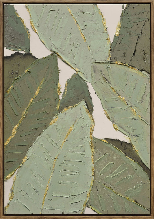 "Verdant Essence II" Hand-Embellished Canvas In Frame - Green / Gold / Natural Wood