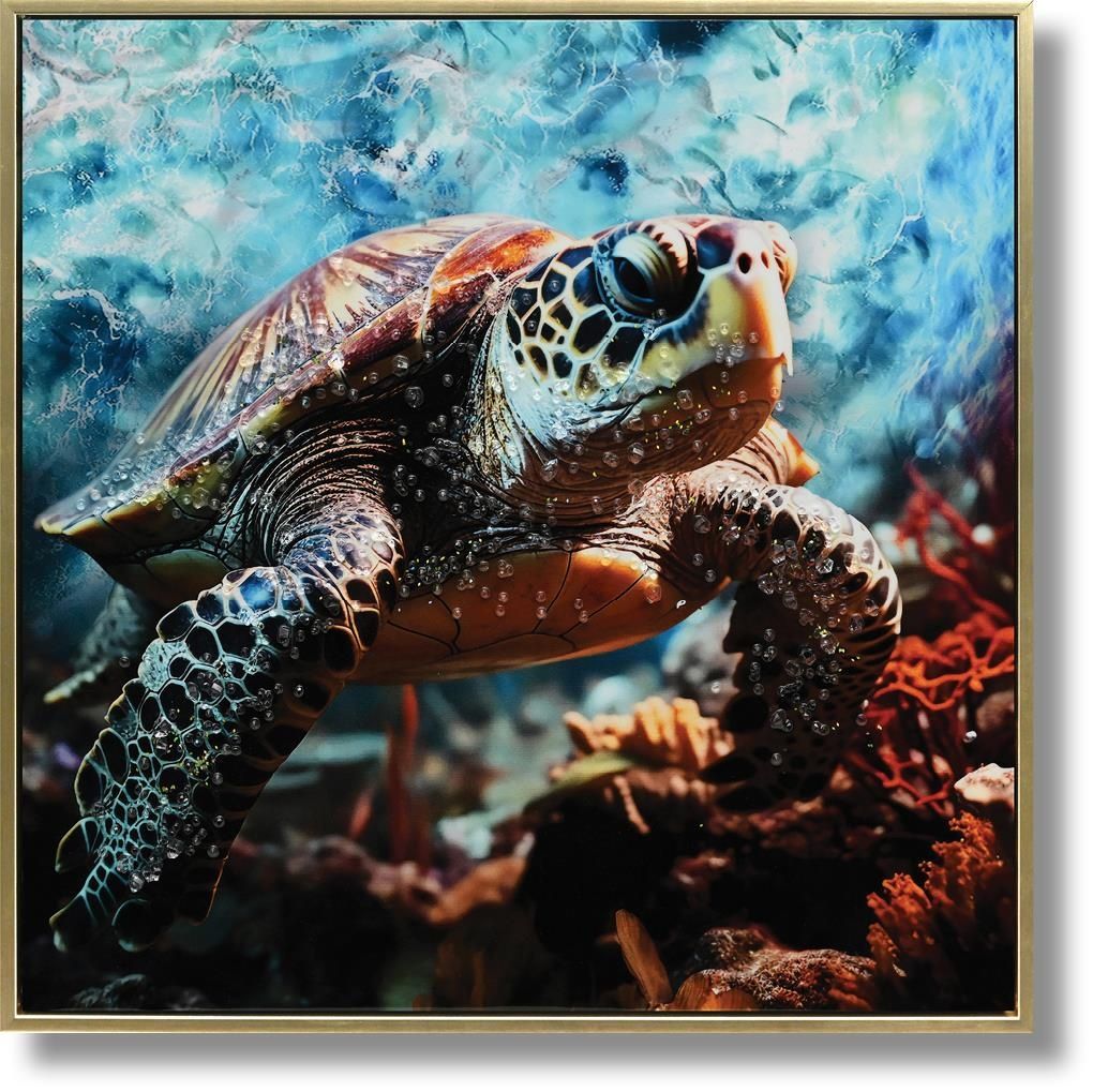 Sapphire Turtle Dive - 21" x 21" Framed Wall Art - Blue