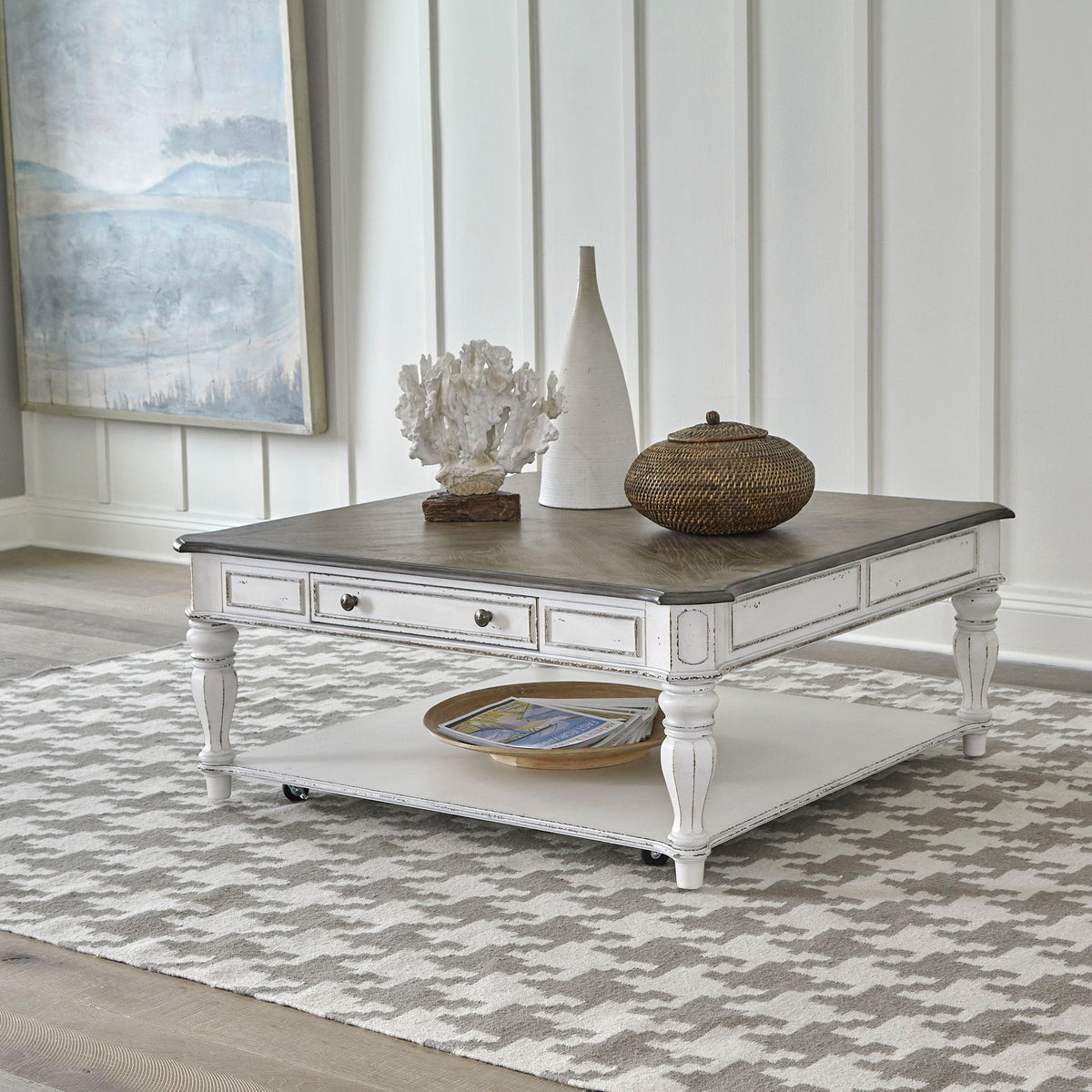 Magnolia Manor - Oversized Square Cocktail Table - Antique White