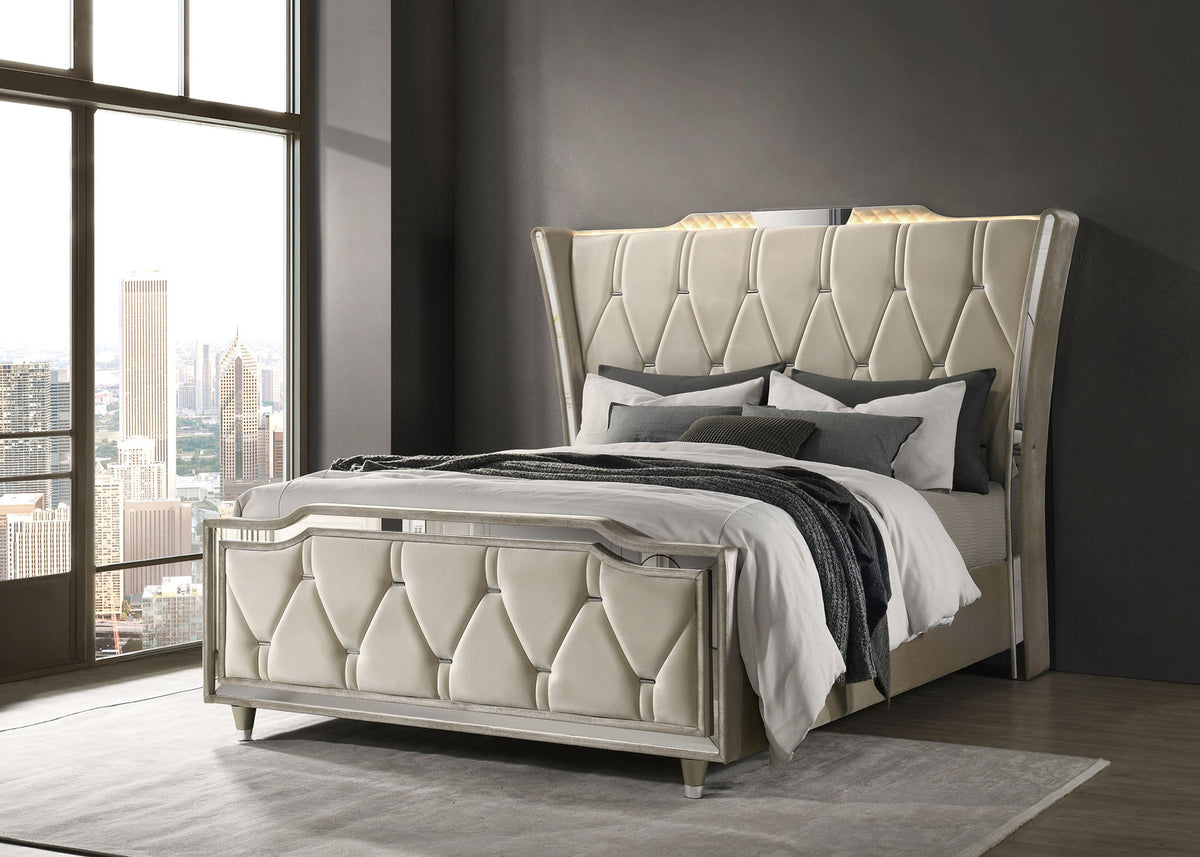 Lorient Queen LED Upholstered Wingback Bed Ivory and Camel