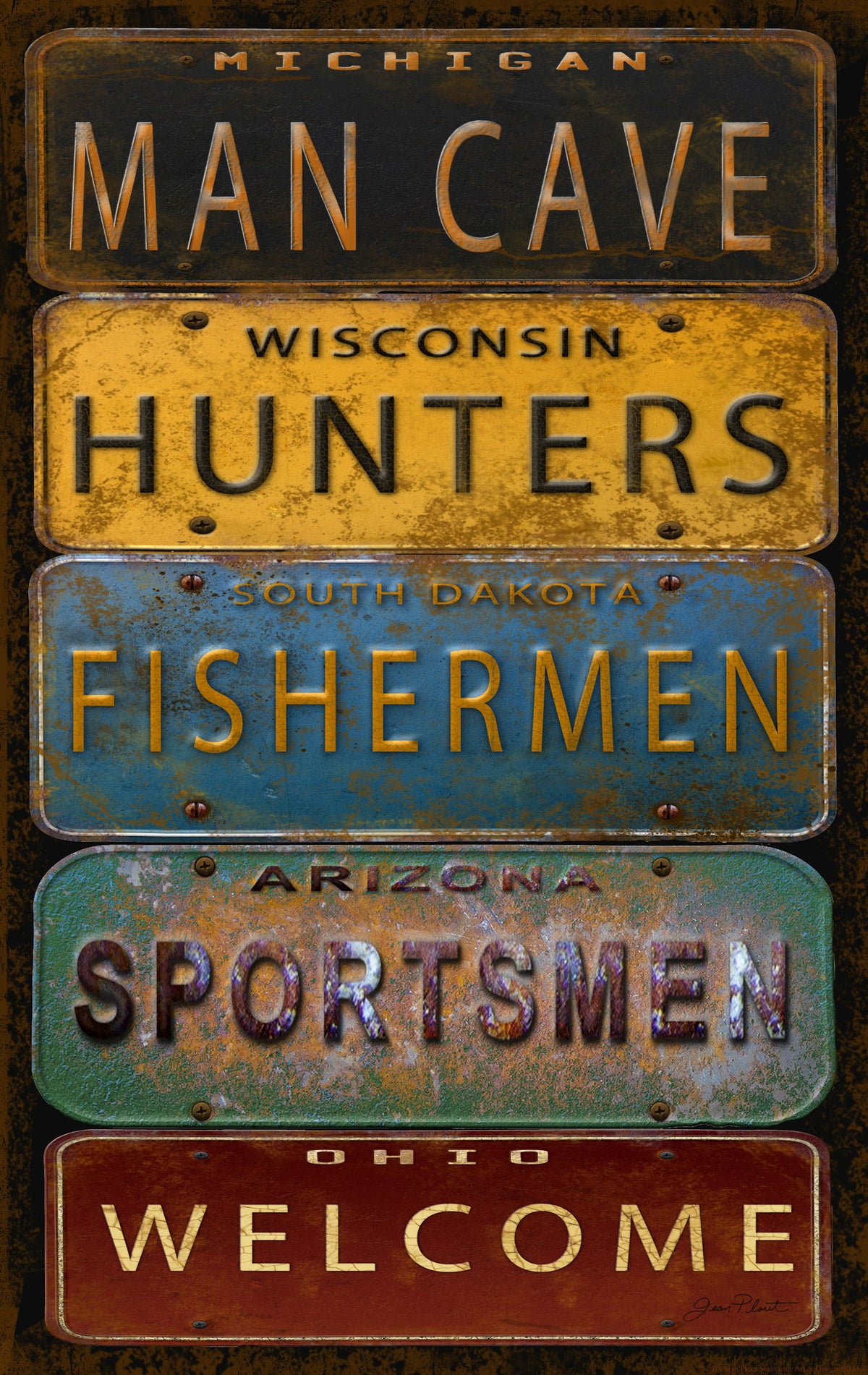 Framed - License Plate Man Cave By Jean Plout - Light Brown