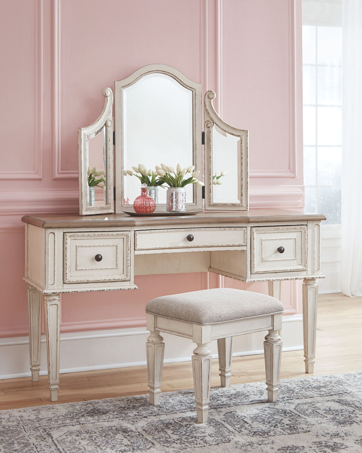 Realyn - Vanity/Mirror/Stool (Set of 3) - White / Brown / Beige