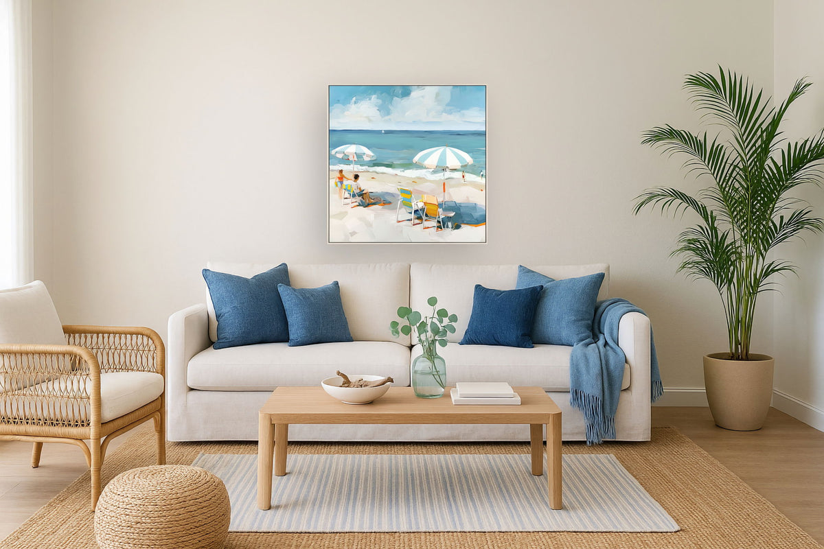 Seaside Umbrella View - 32" x 32" Framed Wall Art - Blue