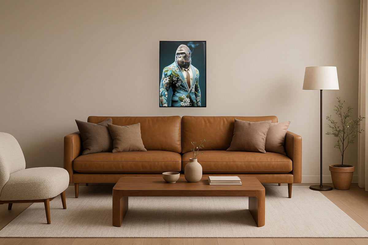 Gentleman Ape Blossom - 21" x 29" Framed Wall Art - Blue