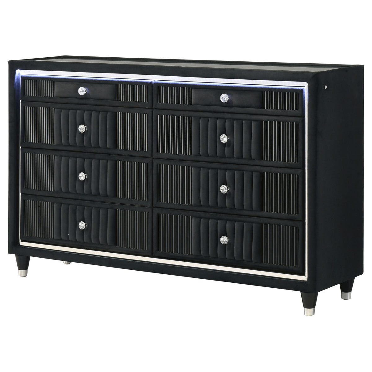 Ravenne 8-drawer Velvet Upholstered LED Dresser Cabinet Black