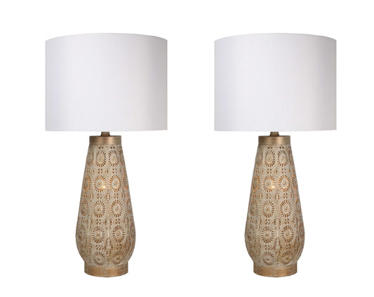 "Celestial Carve" Laser Cut Metal Table Lamp With Night Light (Set of 2) - Distressed White / Distressed Tan