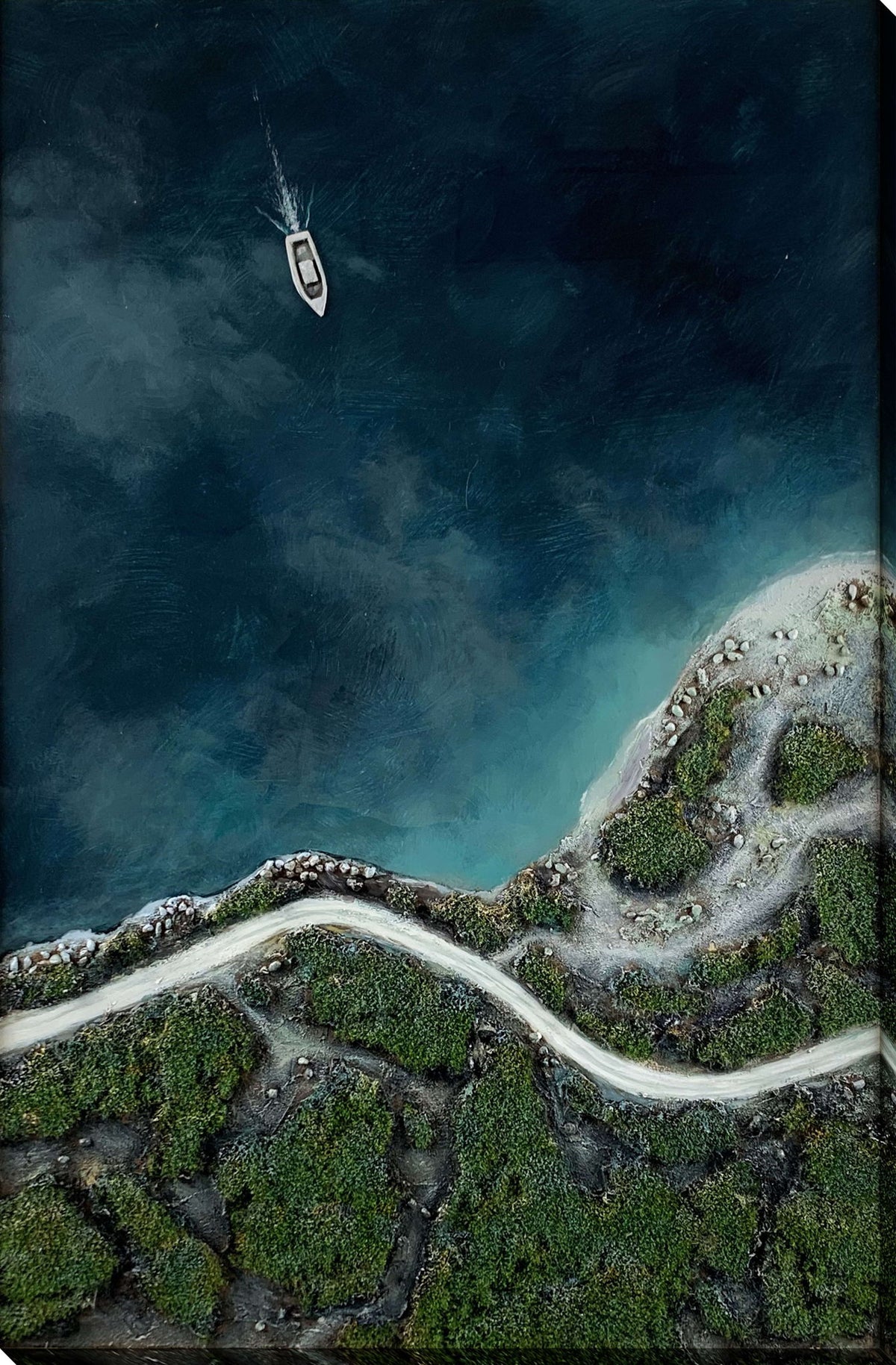 Coastal Passage I Hand-Painted Wrapped Canvas With Faux Moss - Blue / Green