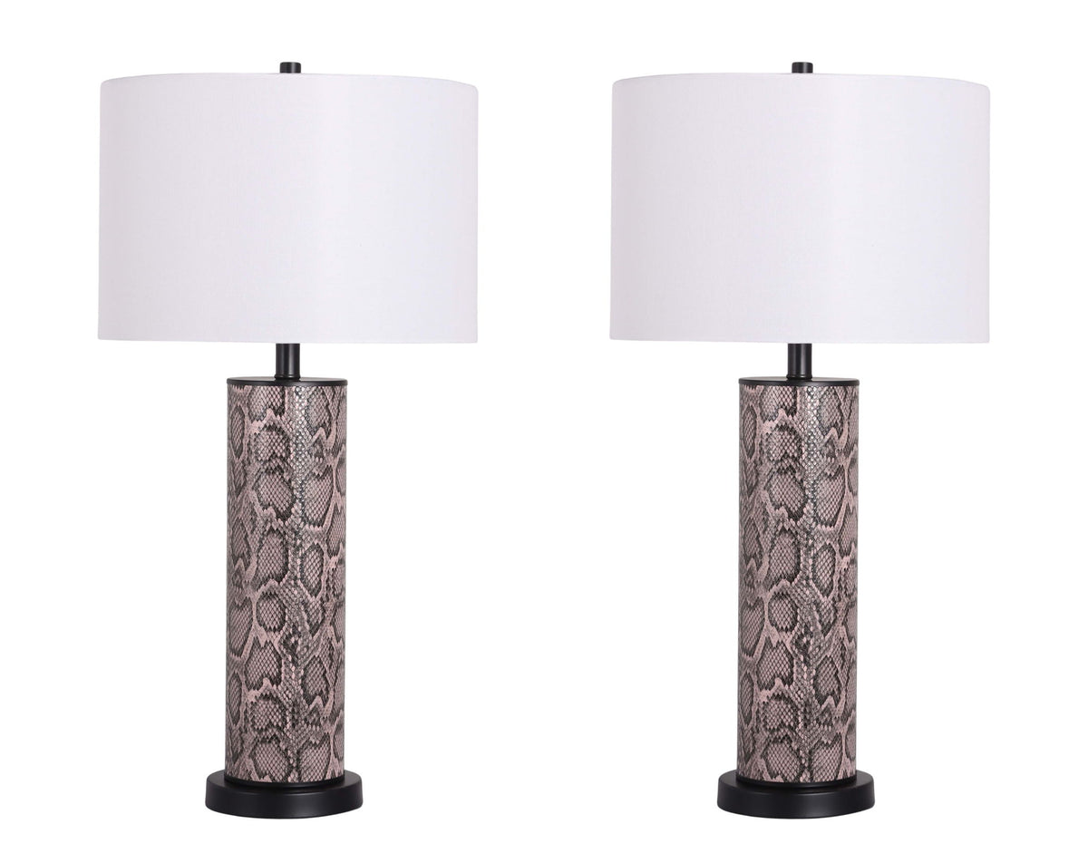 "Serpent Elegance" Faux Leather Table Lamp With Metal Base (Set of 2) - Snake Skin / Asb Gray