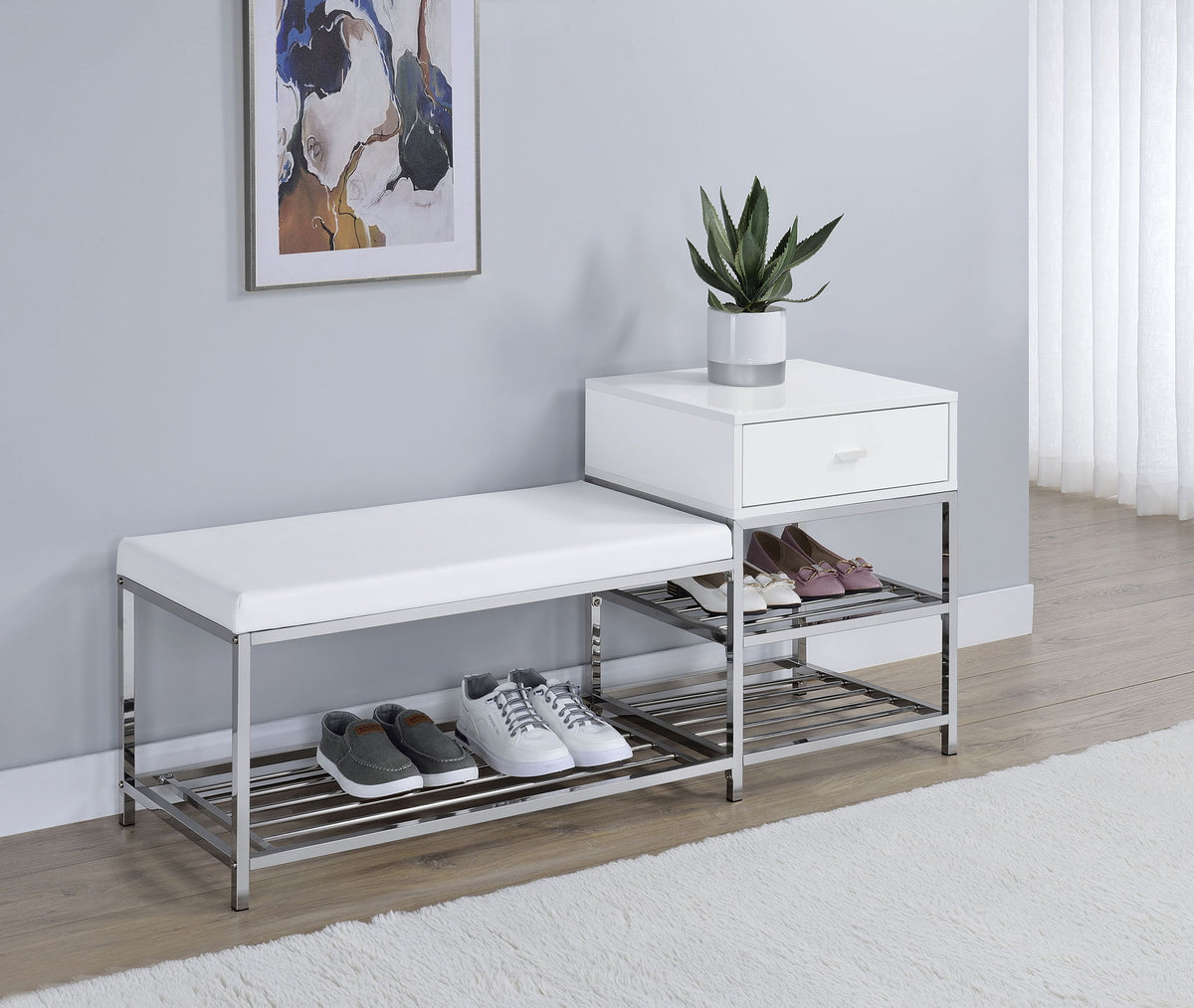 Siega 1-Drawer Shoe Storage Entryway Bench White High Gloss and Chrome