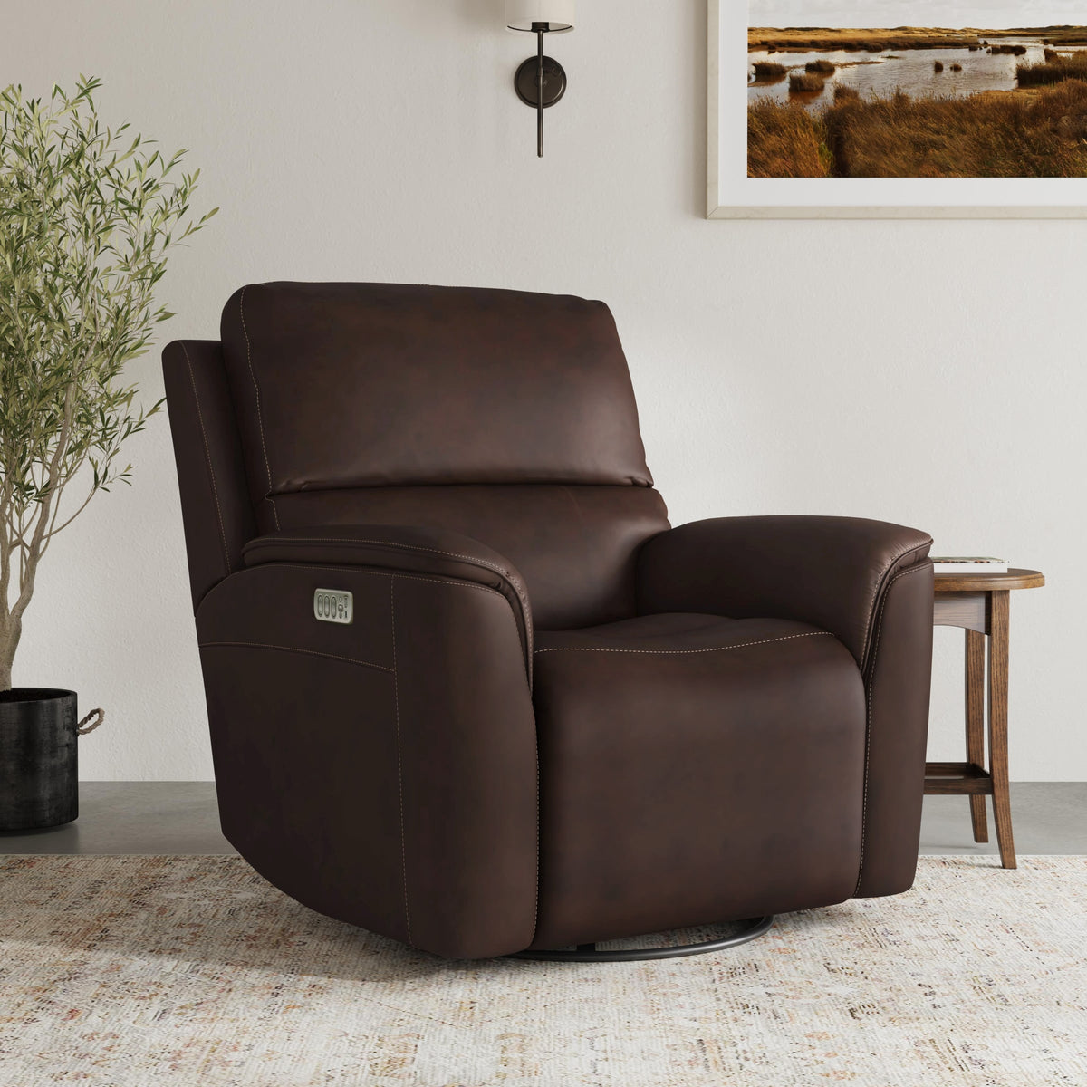 Flexsteel Henry Power Swivel Gliding Recliner with Power Headrest, Lumbar, Heat & Massage