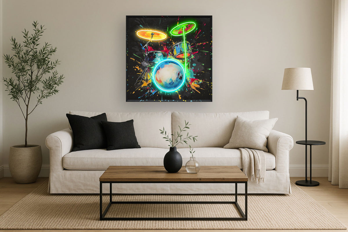 Neon Spectrum Drums - 37" x 37" Framed Wall Art - Black