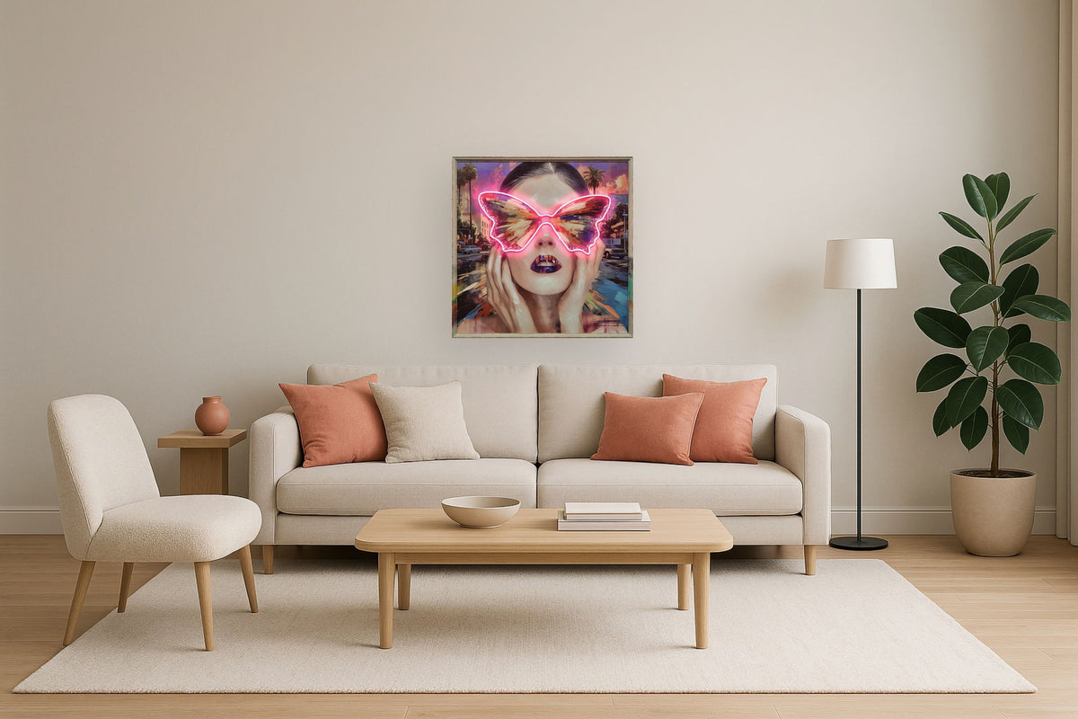 Electric Butterfly Gaze - 33" x 33" Framed Wall Art - Pink