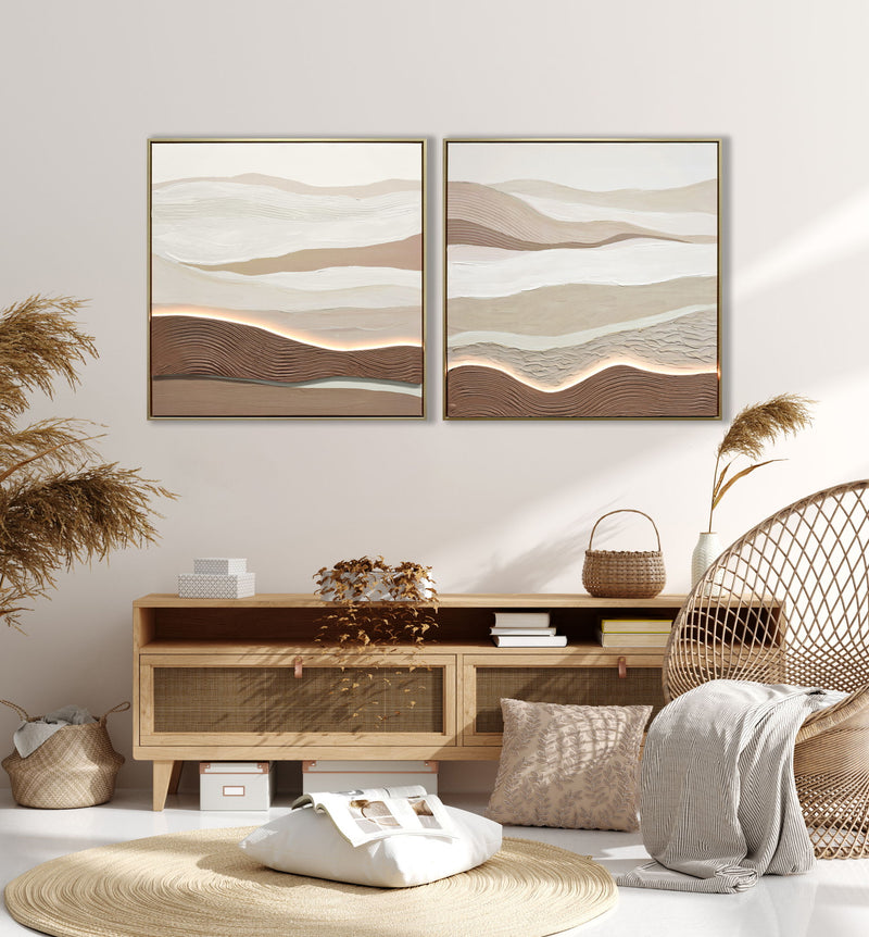 "Desert Glow I" Hand-Embellished LED In Frame - Beige / Cream
