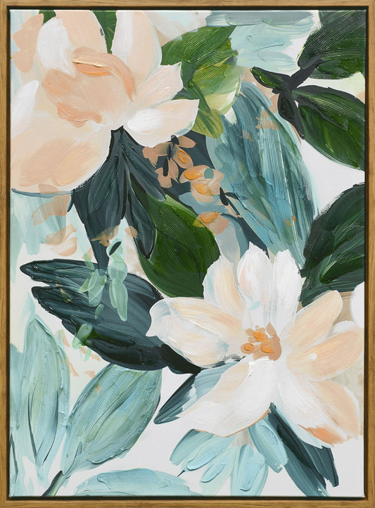"Floral Serenity I" Hand-Embellished Canvas In Frame - Natural Wood / Peach / Green