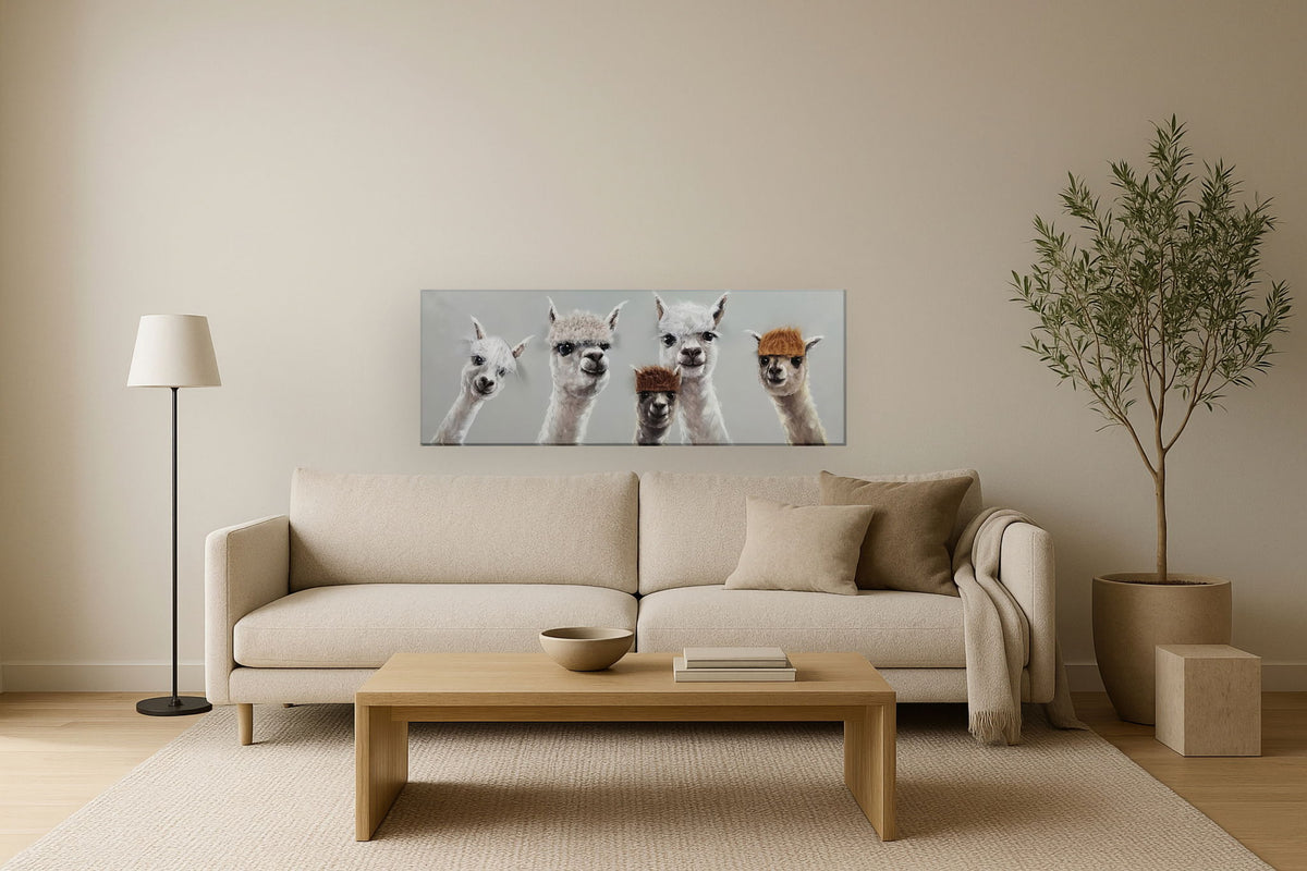 Whimsical Llama Lineup - 20" x 60" Framed Wall Art - Gray