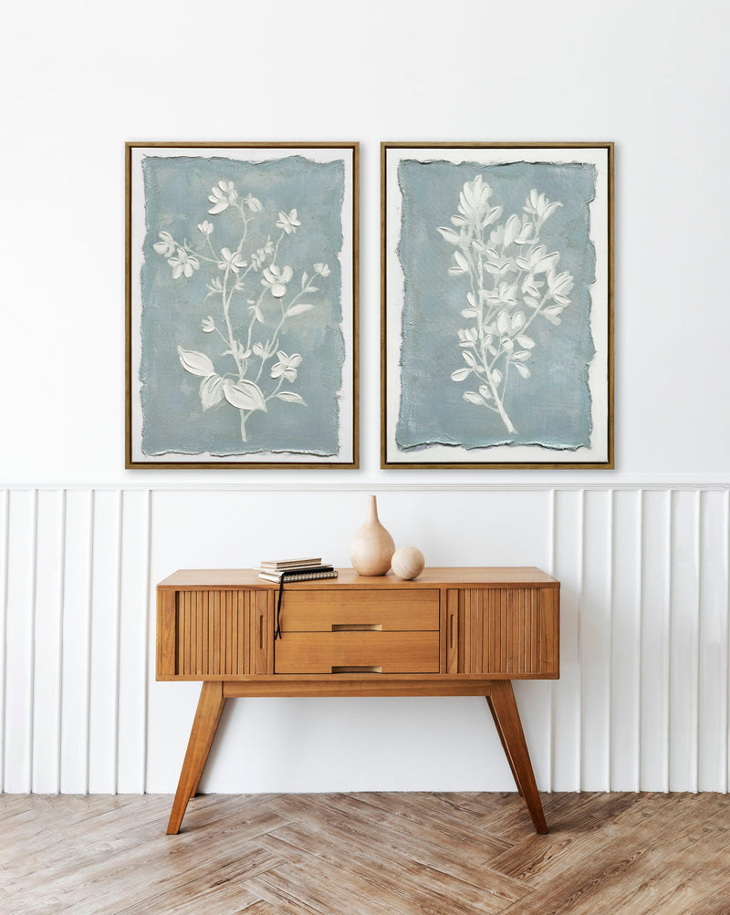 "Whispering Blooms II" Hand-Embellished Canvas In Frame - Blue / White / Wood