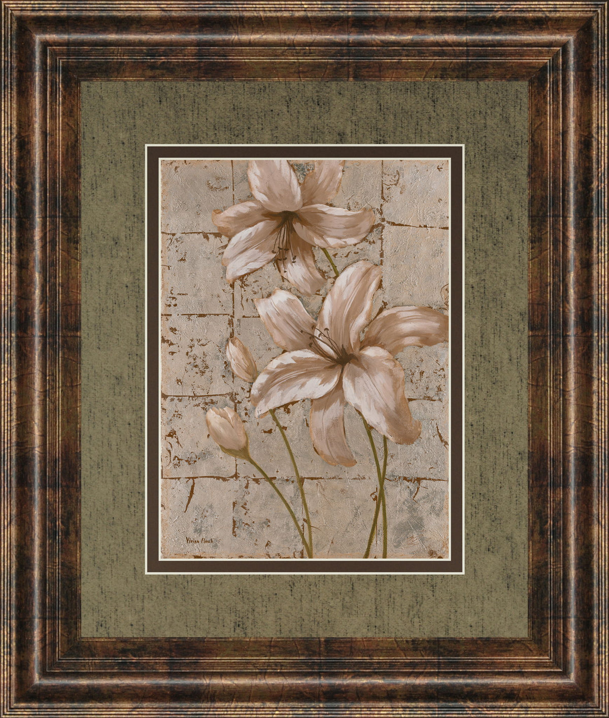 Lilies On Silver Il By Vivian Flasch - Framed Print Wall Art - Light Brown
