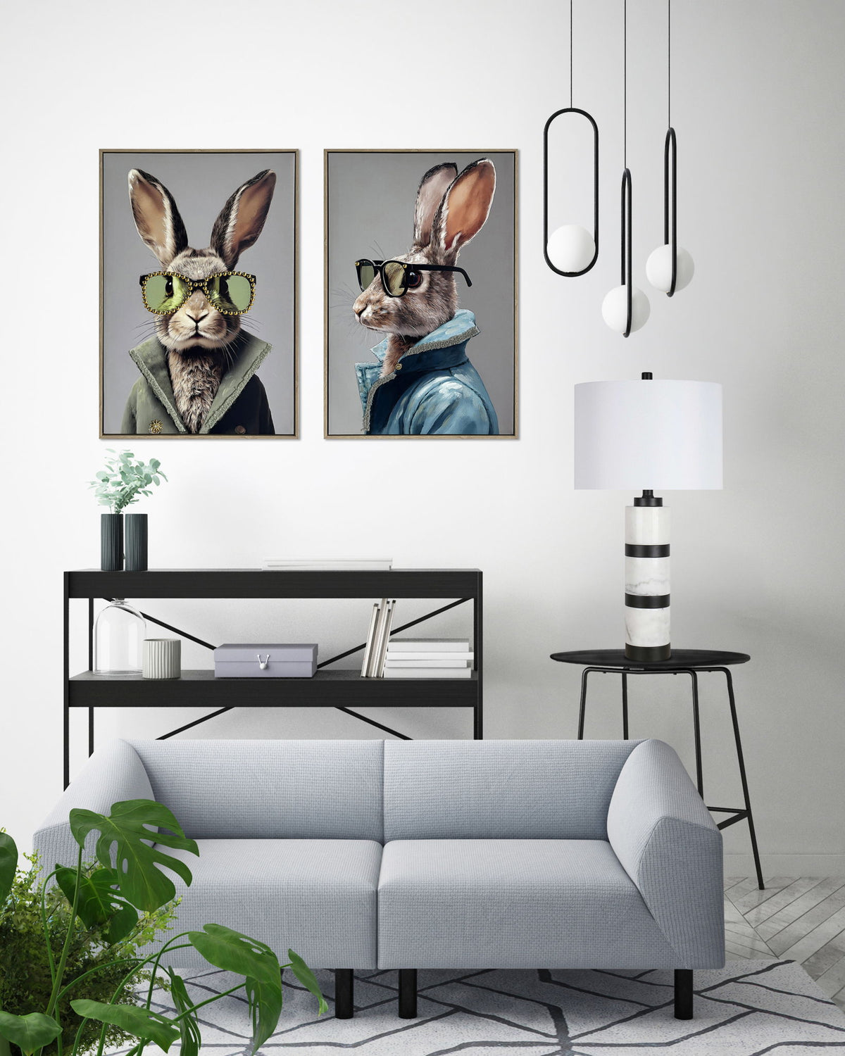 Velvet Hare I Hand-Embellished Canvas With Fabric In Frame - Gray / Beige