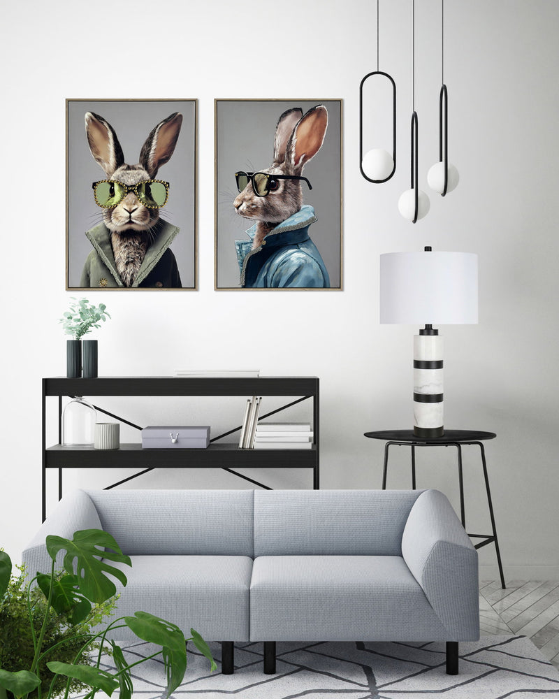 Velvet Hare I Hand-Embellished Canvas With Fabric In Frame - Gray / Beige