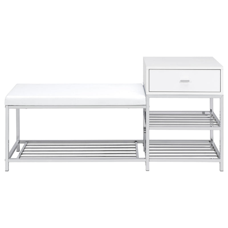 Siega 1-Drawer Shoe Storage Entryway Bench White High Gloss and Chrome