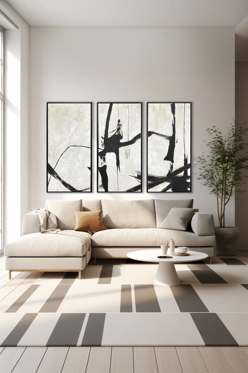 "Abstract Harmony" Hand-Painted Canvas Triptych In Frame - Black / White
