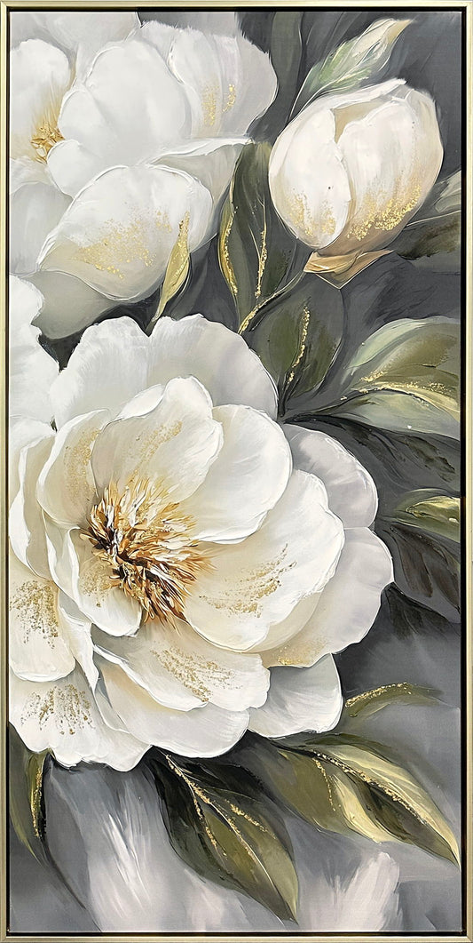 Gold Peony I Hand-Embellished Canvas In Frame - White / Olive