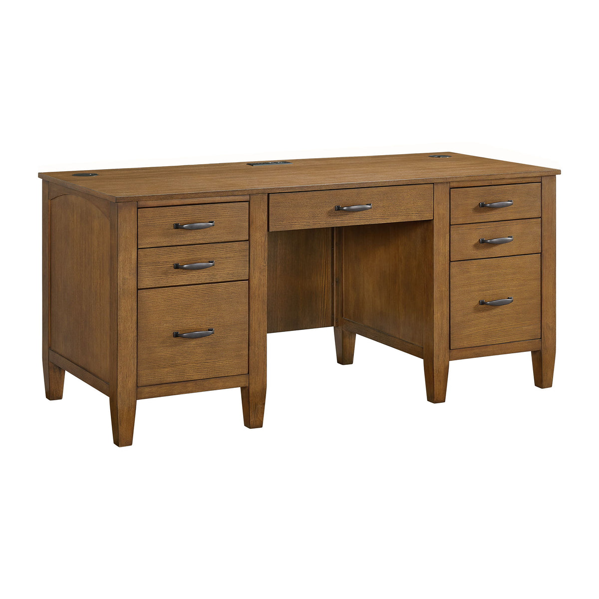 Portico - Double Pedestal Desk With Power / USB - Brown Oak