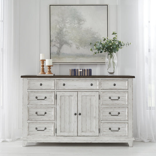 River Place - 2 Door 9 Drawer Dresser - Riverstone White & Tobacco