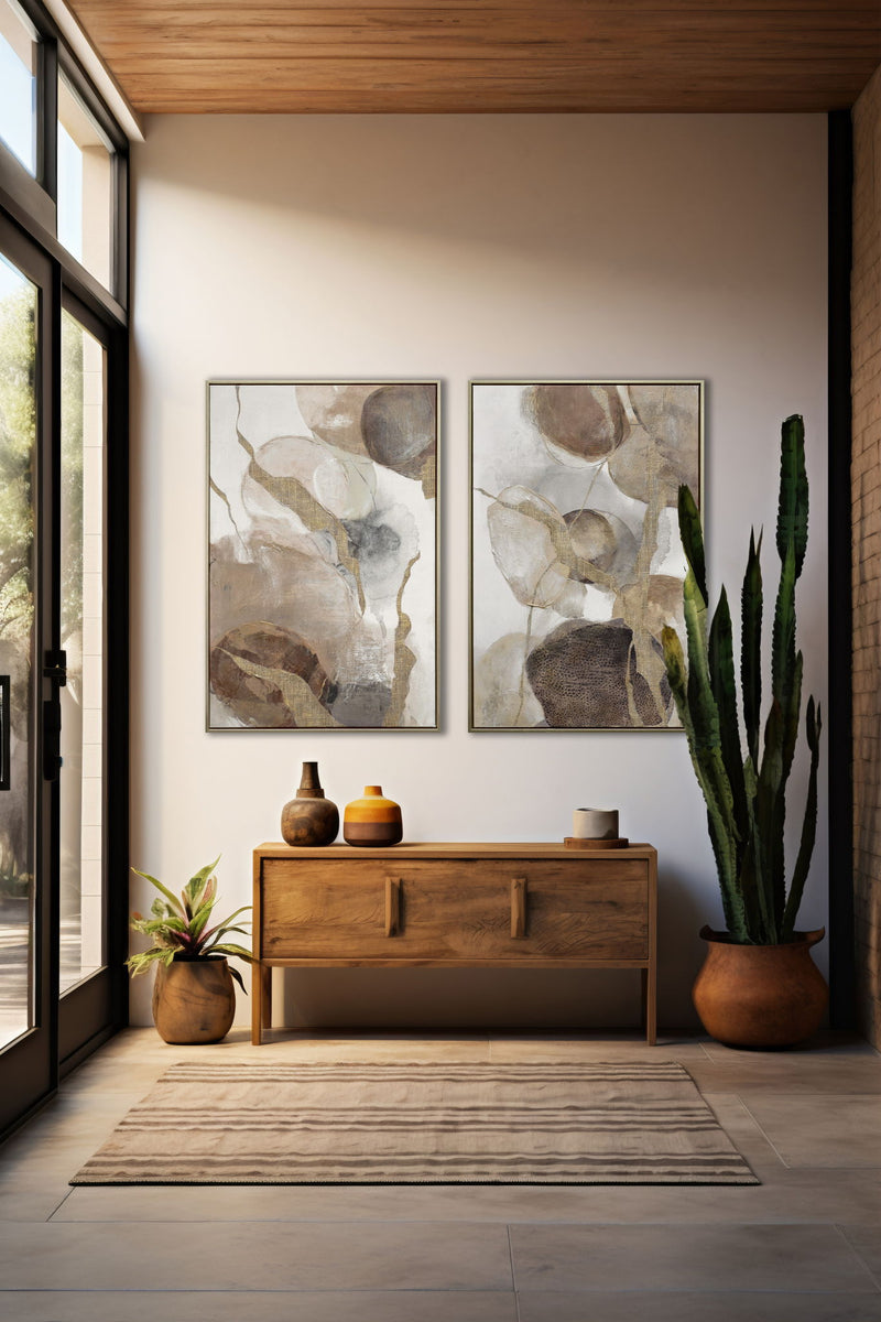 "Ethereal Whispers II" Hand-Embellished Canvas In Frame - Beige / Brown / Gold