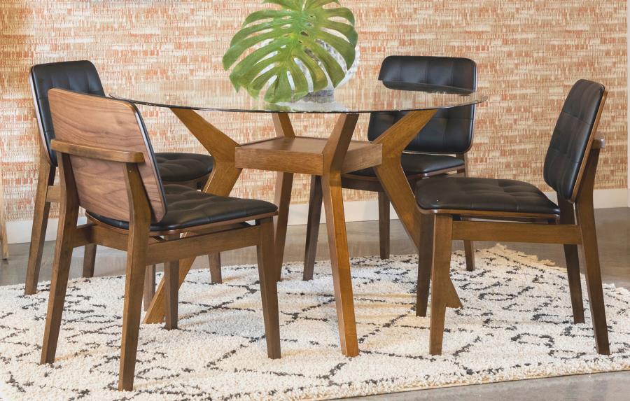 Paxton - 5 Piece Round Glass Top Dining Table Set - Nutmeg