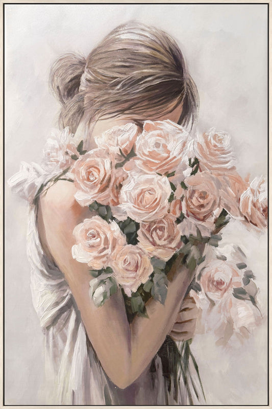 Roses Embrace Hand-Embellished Canvas In Frame - Blush / Ivory