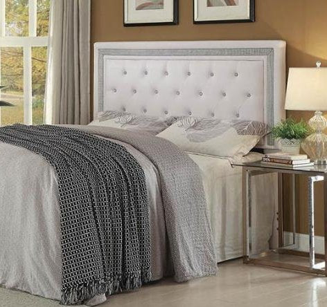 Clearance: Tufted Upholstered King Headboard – White with Silver Trim
