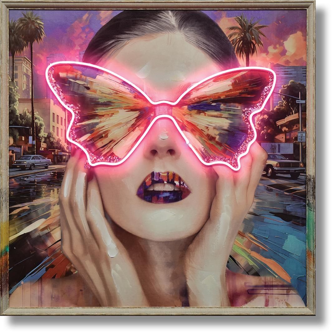 Electric Butterfly Gaze - 33" x 33" Framed Wall Art - Pink
