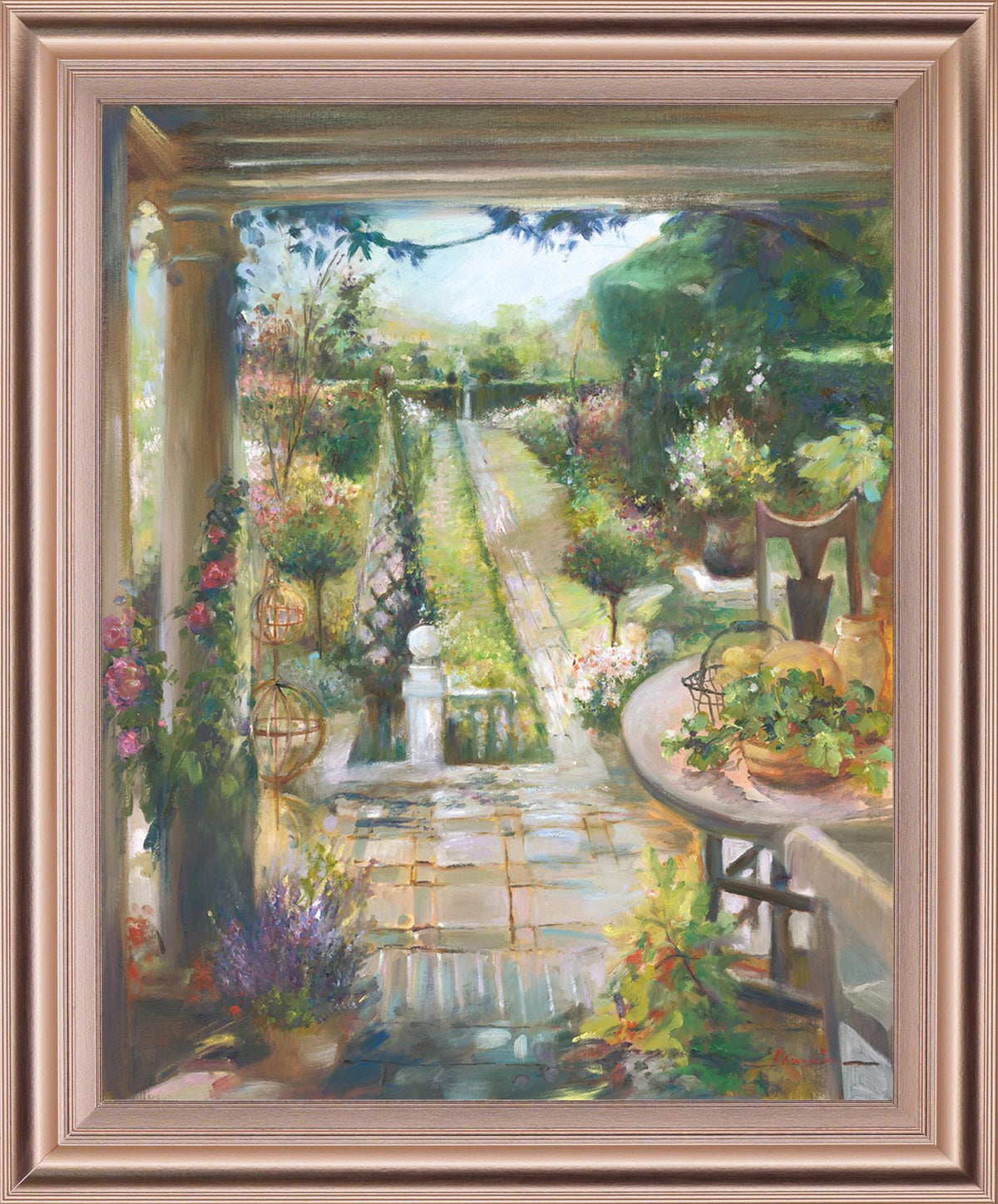 Sunlit Garden Retreat - 34" x 28" Framed Wall Art - Green